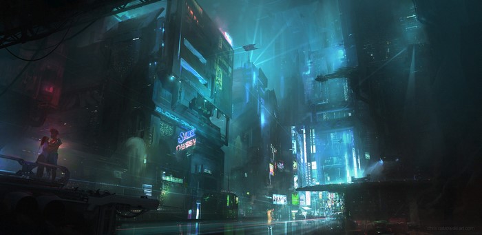 Cyberpunk city street with neon lights and flying vehicles