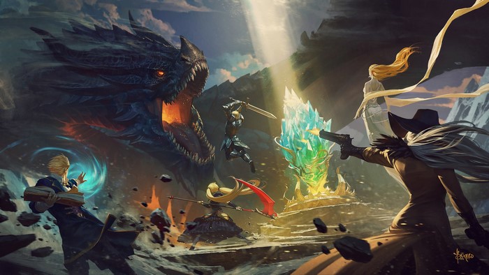Dragon battle with mages and warriors