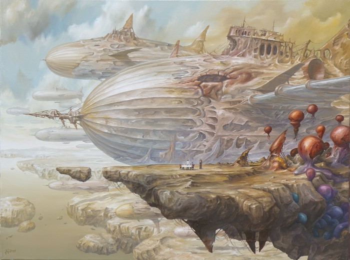 Fantasy airships and floating islands with a surreal landscape
