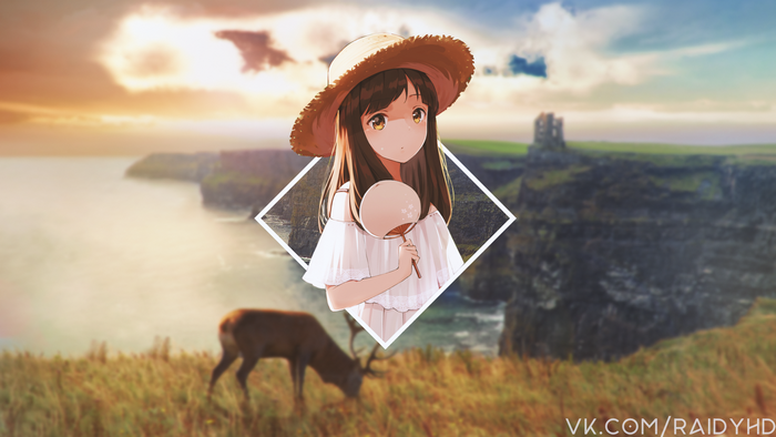 Anime girl with straw hat and fan in front of cliffs