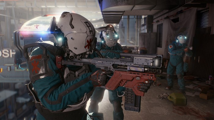 Cyberpunk 2077 Trauma Team with futuristic weapons
