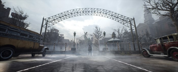 The Sinking City video game scene with cars and gate