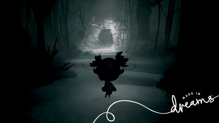 Silhouette of a character in a dark forest with a stone archway