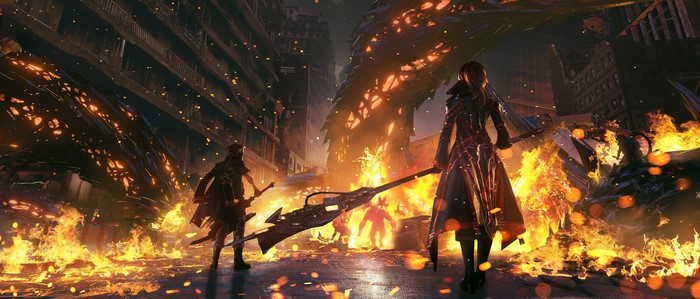 Characters in a burning city from Code Vein