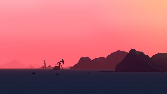 Low poly desert landscape with oil pumps at sunset