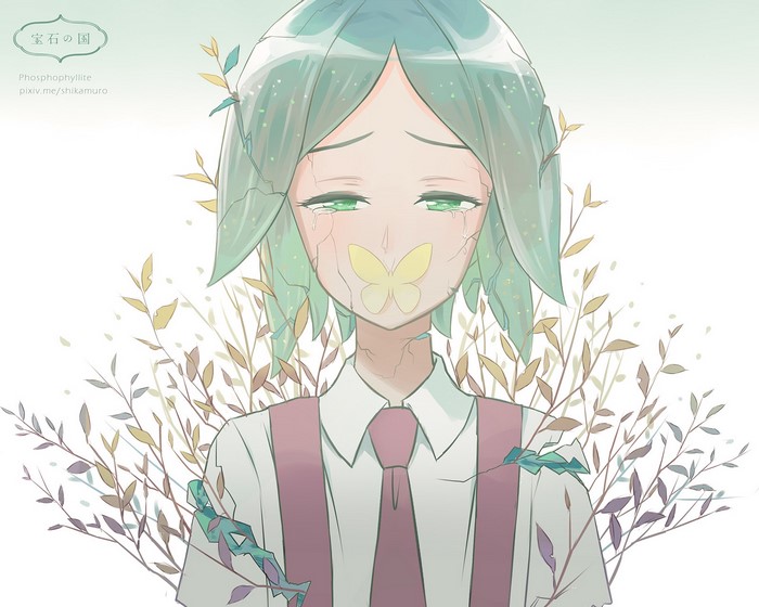 Phosphophyllite from Houseki no Kuni crying with a butterfly on their mouth