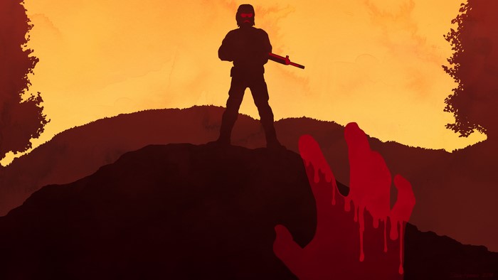 Silhouette of a soldier with a rifle and a bloody hand