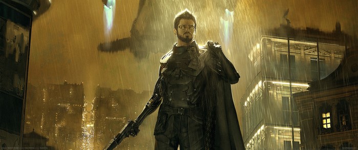 Adam Jensen from Deus Ex: Mankind Divided in a rainy city