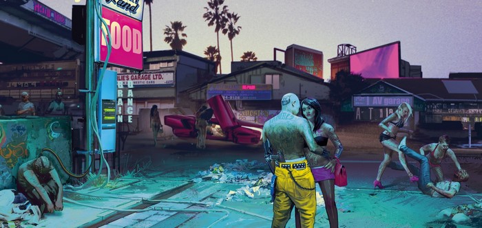 Cyberpunk 2077 scene with people and futuristic vehicles