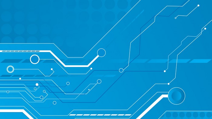 Abstract blue digital circuitry with white lines and circles