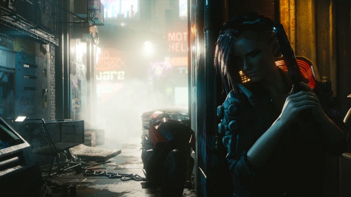 Woman with gun in Cyberpunk 2077 alley