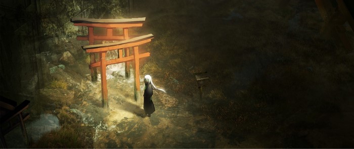 Anime girl with white hair near torii gates
