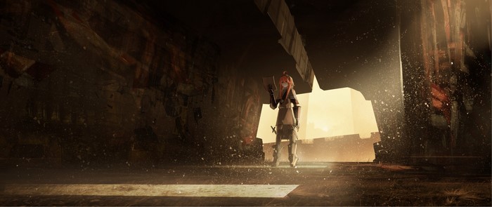 Anime girl in a destroyed industrial area