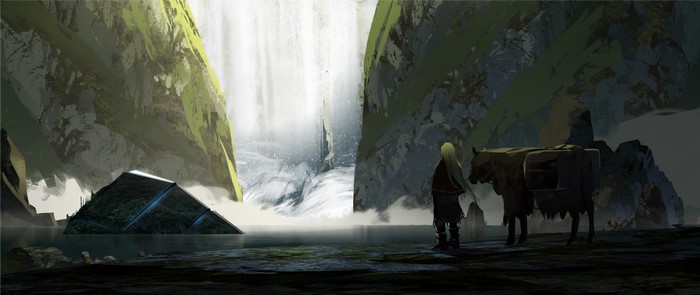 Anime girl with cow near waterfall and alien structure