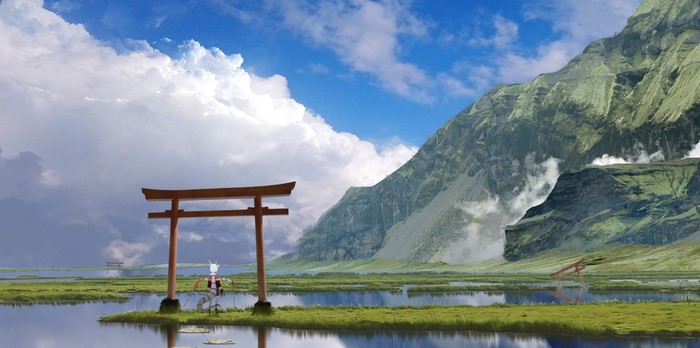 Anime girl and torii gate in a wetland landscape