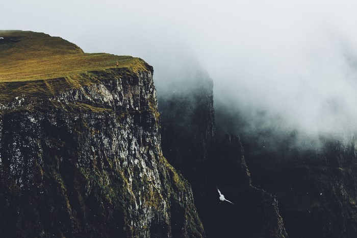 Person on cliff edge with birds flying in mist