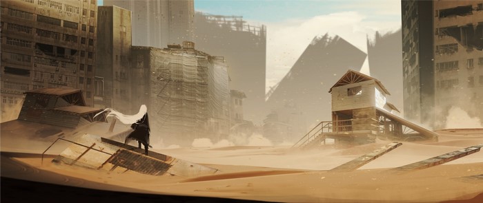 Anime girl with white hair in a post-apocalyptic desert city