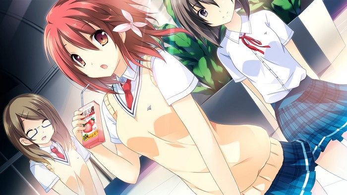 3 anime girls in school uniforms, one holding a juice box