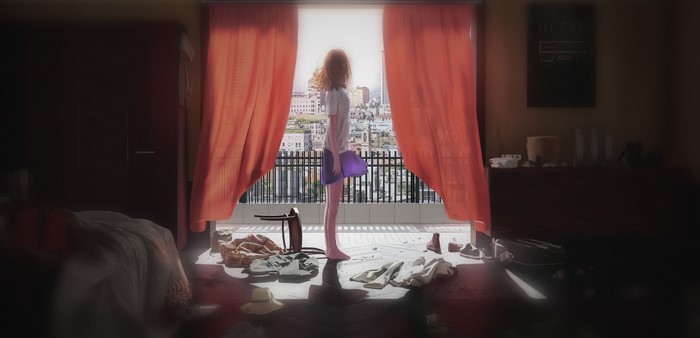 Anime girl standing by the window in a messy room