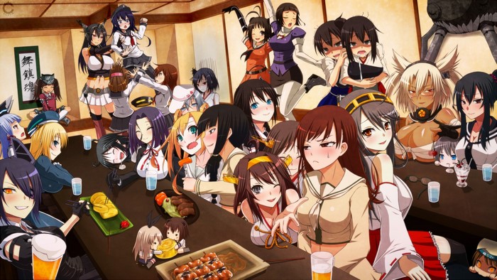 Kantai Collection characters gathered at a table with food and drinks