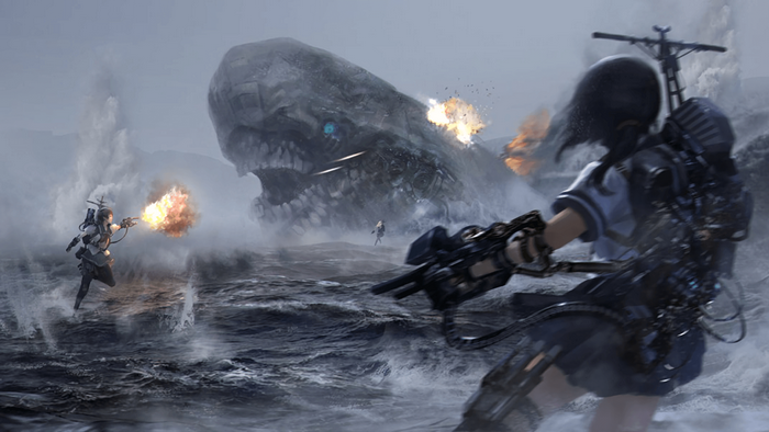 Fubuki from Kantai Collection fighting a giant whale creature