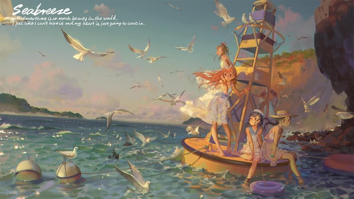 Seabreeze anime girls on a lighthouse with seagulls