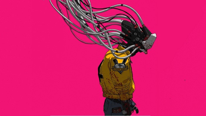 Cyberpunk character with wires and blood splatters