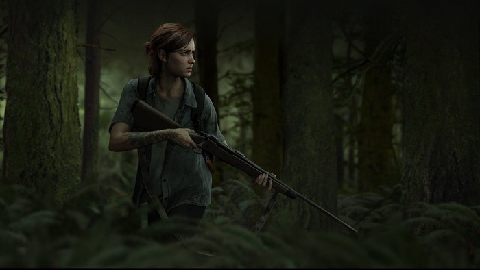 Ellie from The Last of Us 2 with a rifle in a forest