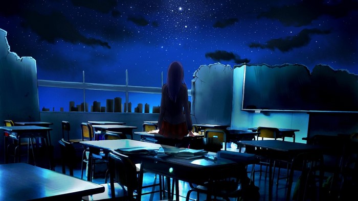 Girl in school uniform in a classroom at night