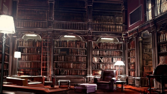 Vintage library with bookshelves, ladder, and lamps