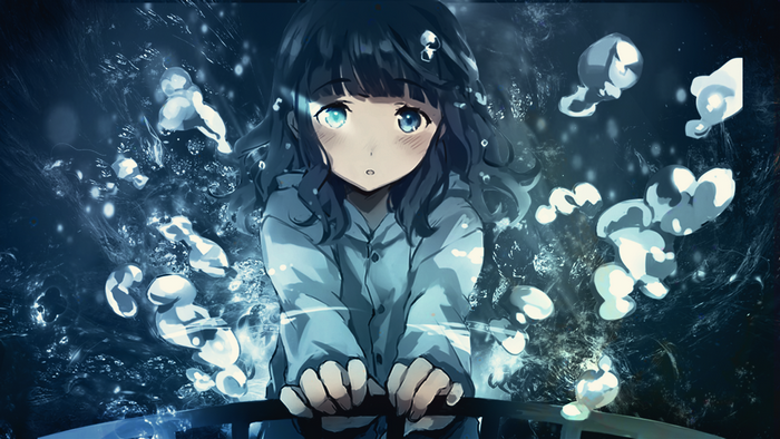 Anime girl with blue eyes and dark hair in water