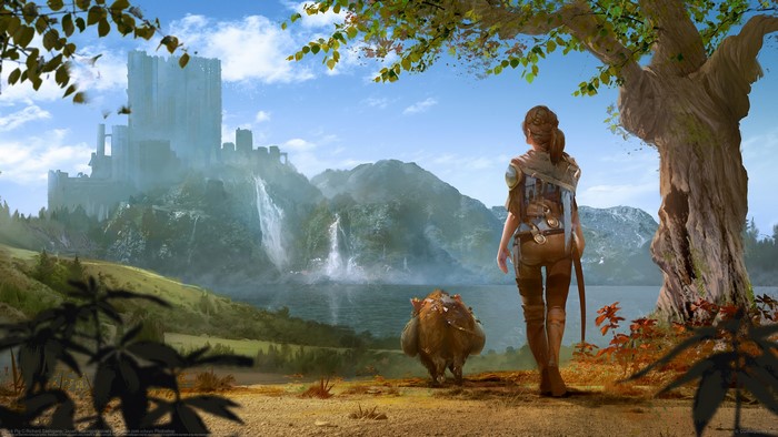 Artwork of a girl and creature near a castle with waterfalls