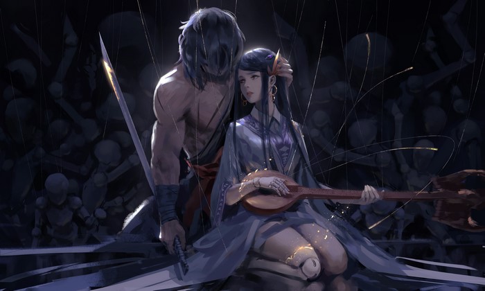 Artwork of a man and a woman with puppets