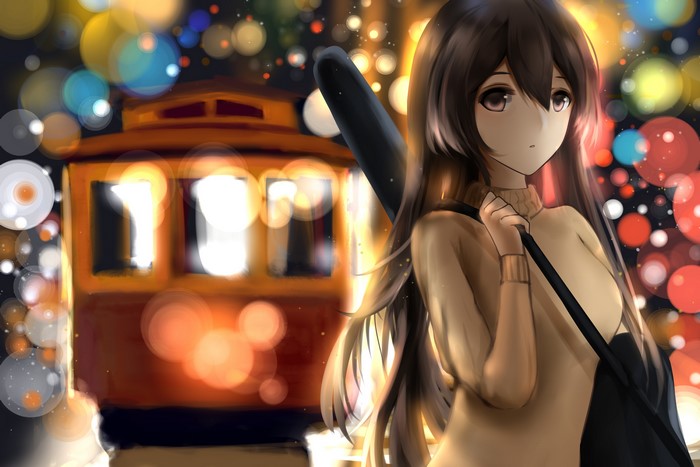 Anime girl with long hair and a sweater at night