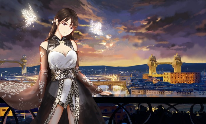 Anime girl in Chinese clothing with butterflies overlooking cityscape