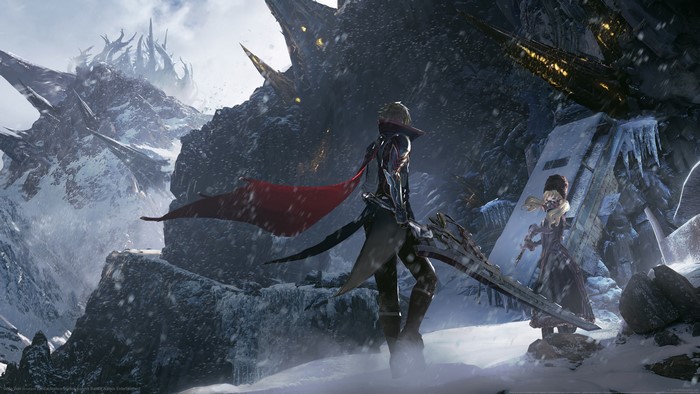 4K Code Vein characters in snowy mountains