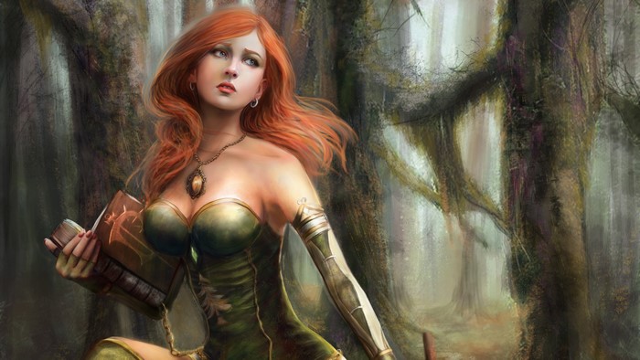 Redhead woman holding a book in a forest