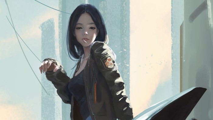 Anime girl with dark hair wearing a jacket