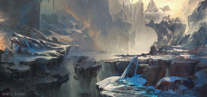 Digital painting of a snowy ravine landscape by Raphaëlle Deslandes