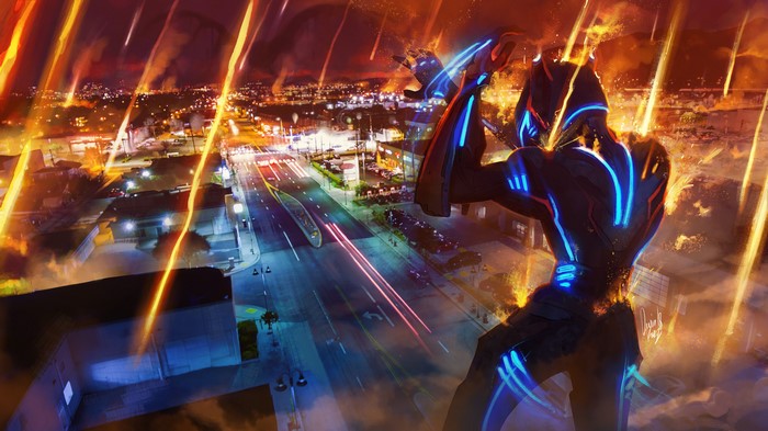 Robot overlooking burning city at night
