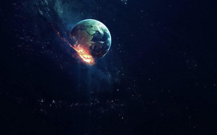Earth in space with fiery impact
