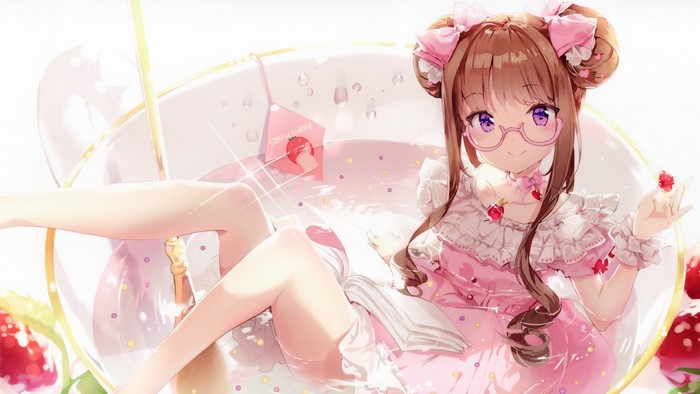 Anime girl with purple eyes and glasses in a teacup