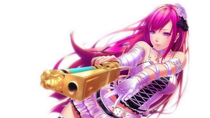 Anime girl with pink hair holding a golden gun
