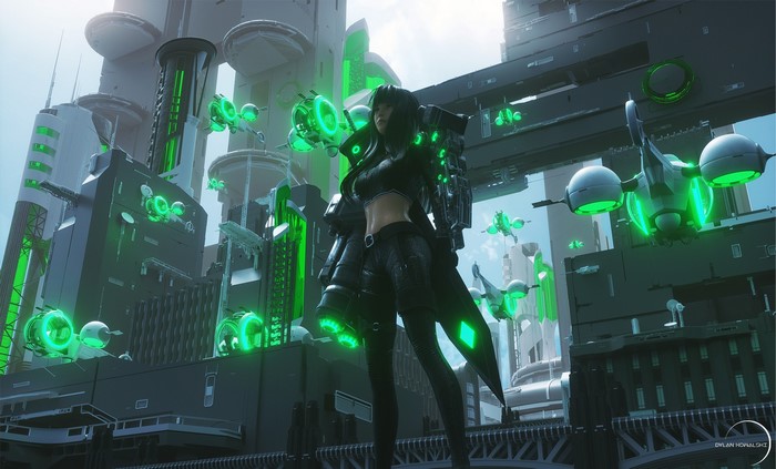 Woman in futuristic city with green lights
