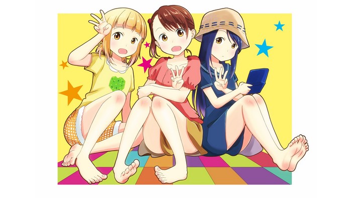 Three anime girls from Mitsuboshi Colors sitting together