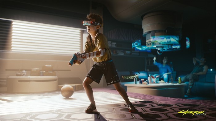 Child playing Cyberpunk 2077 with VR headset and gun