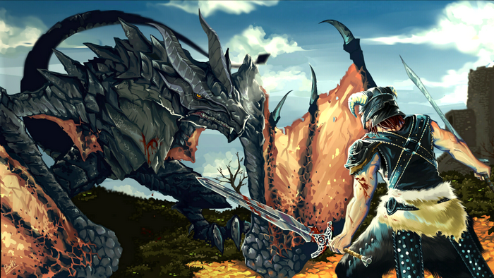 Dragonborn fighting a dragon in The Elder Scrolls V: Skyrim