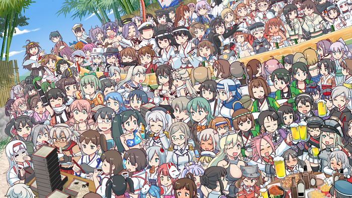 Kantai Collection girls celebrating outdoors with food and drinks