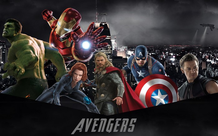 The Avengers: Hulk, Iron Man, Black Widow, Thor, Captain America, Hawkeye