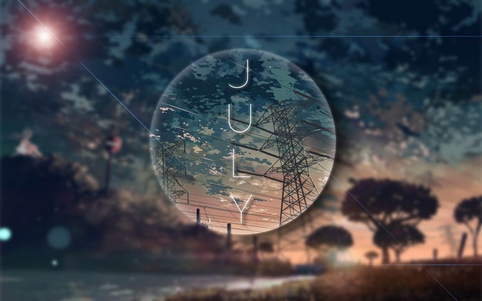 July text over anime landscape with power lines